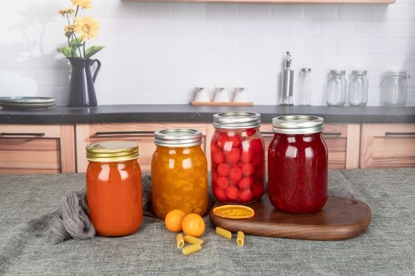 Fruits in mason jars.