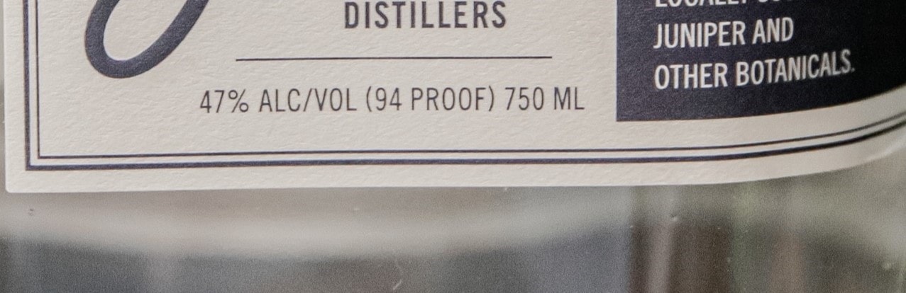Liquor label showing ABV and Proof
