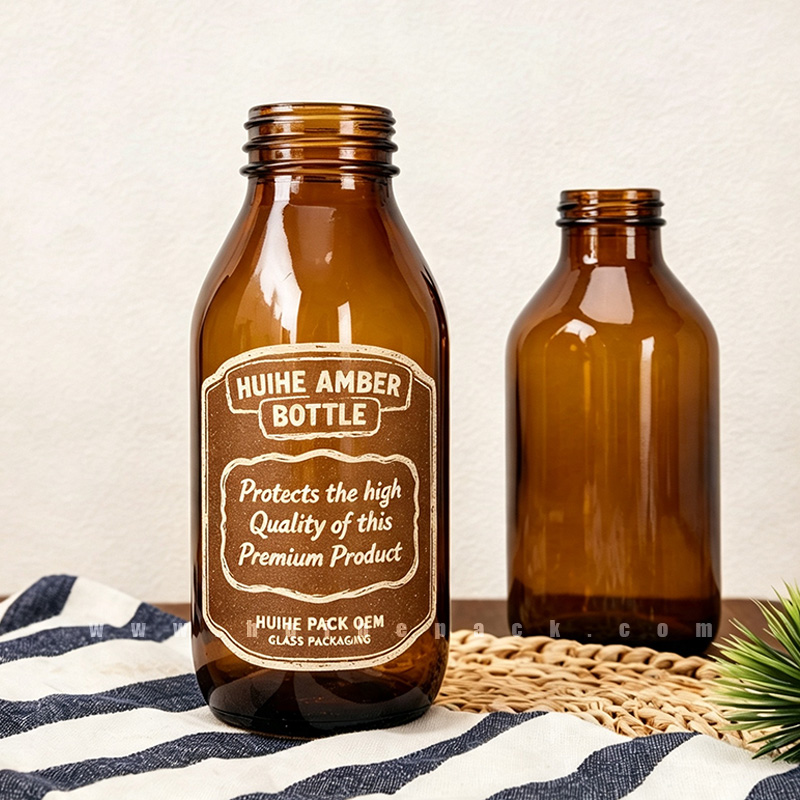 Two amber glass bottles illustrating a darker glass color